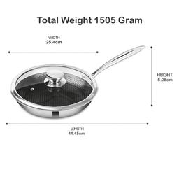 N-Duraa Heavy Thickness Triply Stainless Steel Honey combo Fry Pan 240mm Fry Pan with Glass Lid & Triply 3 Bonded Layer