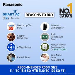 Panasonic 1.5 Ton 4 Star Premium Wi-Fi Inverter Smart Split AC (Matter Enabled, Higher Airflow, Copper Condenser, 7in1 Convertible, True AI, 4-Way, PM 0.1 Filter, CS/CU-NU18AKY4WX, White)