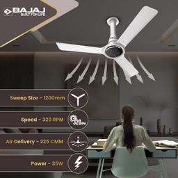 Bajaj Eurostos 1200 MM 5 Star Rated BLDC Ceiling Fans For Home | BEE Stars Rated Energy Efficient Ceiling Fan | Remote Controlled | Soothing Colour Indication 【White】