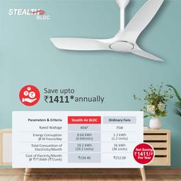 Havells Stealth Air " The most silent BLDC fan with Premium Look and Finish", 1200mm BLDC motor and Remote Controlled Ceiling Fan (Pearl White,)