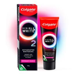 Colgate Visible White O2, Teeth Whitening Toothpaste (50g) for noticeably whiter teeth starting in 3 days. Peppermint Sparkle with Active Technology, Enamel Safe Teeth Whitening