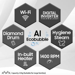 Samsung 9 kg, 5 Star, Eco Bubble Technology with Super Speed, AI Control , Wi-Fi, Digital Inverter Motor, Fully-Automatic Front Load Washing Machine Appliance (WW90T604DLN1TL, Hygiene Steam, Inox)