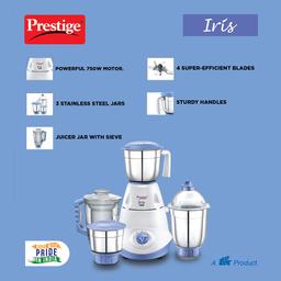 Prestige Iris 750 Watt Mixer Grinder with 3 Stainless Steel Jar + 1 Juicer Jar (White and Blue)