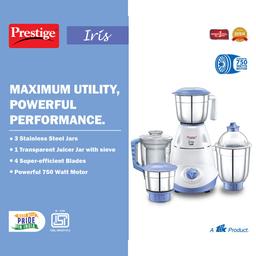 Prestige Iris 750 Watt Mixer Grinder with 3 Stainless Steel Jar + 1 Juicer Jar (White and Blue)