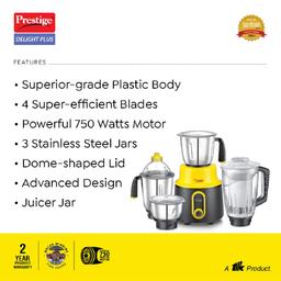 Prestige Delight Plus 750 W Mixer Grinder (With 3 SS Jars and 1 Juicer Jar)