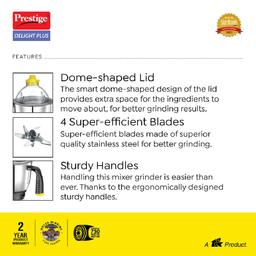 Prestige Delight Plus 750 W Mixer Grinder (With 3 SS Jars and 1 Juicer Jar)