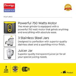 Prestige Delight Plus 750 W Mixer Grinder (With 3 SS Jars and 1 Juicer Jar)
