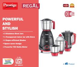 Prestige Regal Mixer Grinder, 750W, 3 Stainless Steel Jar + 1 Juicer Jar, Multi-Color, Medium