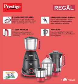 Prestige Regal Mixer Grinder, 750W, 3 Stainless Steel Jar + 1 Juicer Jar, Multi-Color, Medium