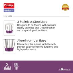 Prestige Nakshatra V2 550W Mixer Grinder with 3 Stainless Steel Jars(Purple, Dome Lid, Aluminium Jar Base)