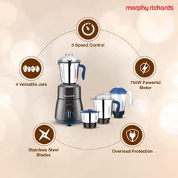 Morphy Richards 750W Relish 4 Jars Mixer Grinder, Black and Blue, Regular