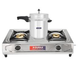 N-DURAA Solid Stainless Steel 2 Brass Burner Gas with N-DURAA Pressure Cooker, 12 Liters