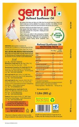 Gemini Refined Sunflower Oil Pouch, 1L
