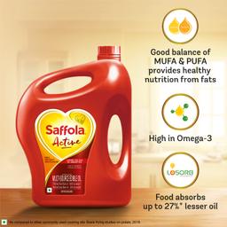 Saffola Active Refined Oil|Blend of Rice Bran Oil & Soyabean Oil|Cooking Oil|Pro Weight Watchers Edible Oil 5 litre Jar