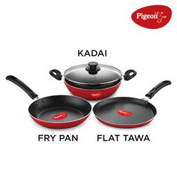 Pigeon by Stovekraft Mio Nonstick Aluminium Cookware Gift Set, Includes Nonstick Flat Tawa, Nonstick Fry Pan, Kitchen Tool Set, Kadai with Glass Lid, 8 Pieces Non-Induction Base Kitchen Set - Red