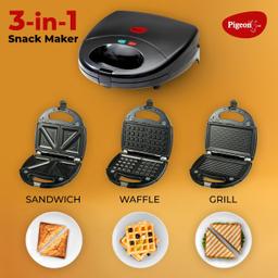 Pigeon by Stovekraft Sandwich Maker | 3 in 1 | 750 Watt (Black) | Snack Maker | Bread Toaster | Grill | Waffle Maker | Detachable Plates