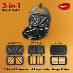 Pigeon by Stovekraft Sandwich Maker | 3 in 1 | 750 Watt (Black) | Snack Maker | Bread Toaster | Grill | Waffle Maker | Detachable Plates