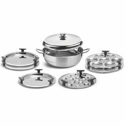 Signoraware All-Rounder Multipurpose Deluxe Kadhai (HEAVY WEIGHT) Induction Friendly Stainless Steel Induction Bottom (7pcs -6 plates, 2 Big Idli, 2 Dhokla, 1 Patra Plate & 1 Mini Idli Plate), Silver