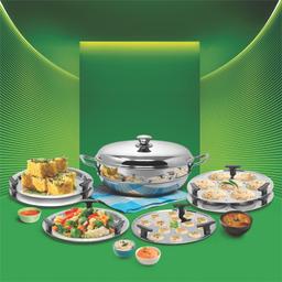 Signoraware All-Rounder Multipurpose Deluxe Kadhai (HEAVY WEIGHT) Induction Friendly Stainless Steel Induction Bottom (7pcs -6 plates, 2 Big Idli, 2 Dhokla, 1 Patra Plate & 1 Mini Idli Plate), Silver