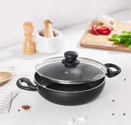 N-Duraa Aluminium Non-Stick Round Medium Kadai 24cm with Glass Lid,