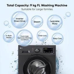 LG 9 Kg 5 Star Inverter Touch panel Fully-Automatic Front Load Washing Machine with In-Built Heater (FHM1409BDM, Middle Black, Steam for Hygiene Wash)