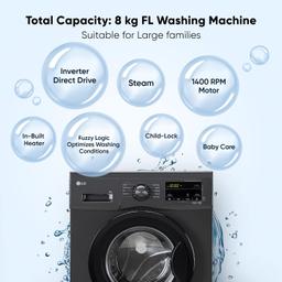 LG 7 Kg 5 Star Inverter Touch panel Fully-Automatic Front Load Washing Machine with In-Built Heater (FHM1207SDM, Middle Black, Steam for Hygiene Wash)