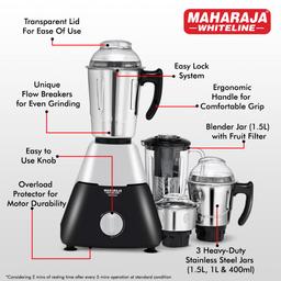 Maharaja Whiteline Infinimax Elite Mixer Grinder, Long Lasting Performance with 750 Watt Motor | Jar Flow Breakers | 5 Years Warranty on Motor (Black & Grey)