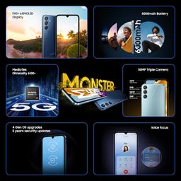 Samsung Galaxy M15 5G (Blue Topaz,6GB RAM,128GB Storage)| 50MP Triple Cam| 6000mAh Battery| MediaTek Dimensity 6100+| 4 Gen. OS Upgrade & 5 Year Security Update| Super AMOLED Display| Without Charger