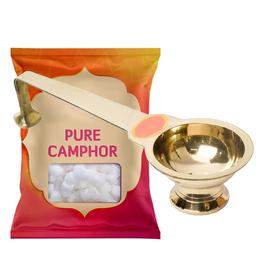 OM BHAKTI Camphor 60 nos & Brass Camphor Burner Aarti Stand | Kapoor Dani Holder for Pooja Rituals Combo