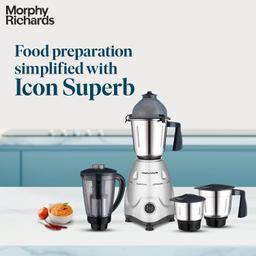 Morphy Richards Icon Superb 750 Watts Mixer Grinder| 4 Stainless Steel Mixer Jars including Juicer Jar| 3-Speed Control with Pulse Effect| 1-Yr Warranty by Brand| Silver & Black
