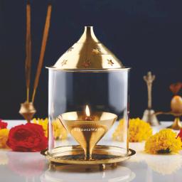 Signoraware Akhand Diya Medium Brass with Glass Cover