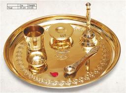 Signoraware Shubh Mangal Brass Pooja Thali Engraved with Diya, Agardan, Yachman, Ghanti Bell, Gilasiya (Set of 6 Pieces, Brass Glossy, Decorative Gifting Box Packed)