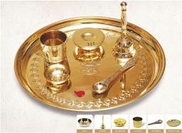 Signoraware Shubh Mangal Brass Pooja Thali Engraved with Diya, Agardan, Yachman, Ghanti Bell, Gilasiya (Set of 6 Pieces, Brass Glossy, Decorative Gifting Box Packed)