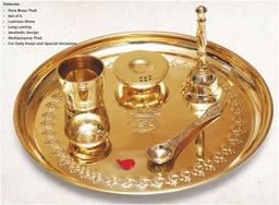 Signoraware Shubh Mangal Brass Pooja Thali Engraved with Diya, Agardan, Yachman, Ghanti Bell, Gilasiya (Set of 6 Pieces, Brass Glossy, Decorative Gifting Box Packed)