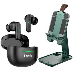 Ivon IV -TWS223 Wireless Earbuds & IVON Cell Phone Stand, Portable Fully Foldable Cell Phone Holder,Adjustable Phone