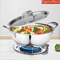 SIGNORA WARE 1500Ml Artista Tri-Ply Non-Stick Deep Fry Kadhai 18Cm,Induction Compatible Cookware Kadai,Grade 304 Stainless Steel,Food Grade,Dishwasher Safe,5 Years Warranty Pot (Silver)