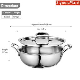SIGNORA WARE 1500Ml Artista Tri-Ply Non-Stick Deep Fry Kadhai 18Cm,Induction Compatible Cookware Kadai,Grade 304 Stainless Steel,Food Grade,Dishwasher Safe,5 Years Warranty Pot (Silver)