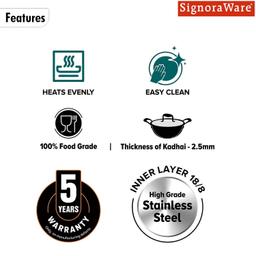 SIGNORA WARE 1500Ml Artista Tri-Ply Non-Stick Deep Fry Kadhai 18Cm,Induction Compatible Cookware Kadai,Grade 304 Stainless Steel,Food Grade,Dishwasher Safe,5 Years Warranty Pot (Silver)
