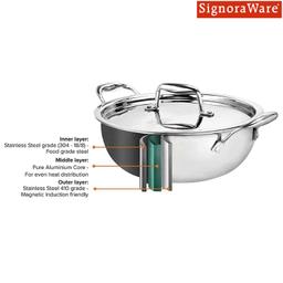 SIGNORA WARE 1500Ml Artista Tri-Ply Non-Stick Deep Fry Kadhai 18Cm,Induction Compatible Cookware Kadai,Grade 304 Stainless Steel,Food Grade,Dishwasher Safe,5 Years Warranty Pot (Silver)