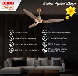 USHA Bloom Daffodil 1250mm|BEE Star Rated | Goodbye Dust Ceiling Fan(Sparkle Golden and Brown)