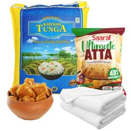 Krishi Tunga Rice 10kg + Saaral Ultimate Atta - 5 Kg + Pure Organic Jaggery - 3 kg + Cotton White Bath Towel - 2 pcs