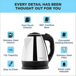 Butterfly EKN 1.5 Litre Stainless Steel Electric Kettle | 1500 W | 360� Swivel Power Base | Auto Shut Off | For Hot Water, Tea, Coffee, Noodles | Dry Boil Protection