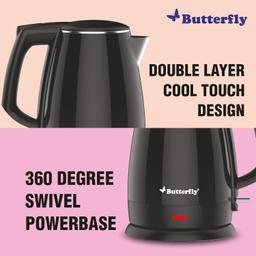 Butterfly Stainless Steel Magnum Cool Touch Electric Kettle 1.5 Litre | 1500 W | Double Layer Cool Touch Body | Auto Shut Off | For Hot Water, Tea, Coffee, Noodles, Soup | Dry Boil Protection | Black