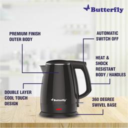 Butterfly Stainless Steel Magnum Cool Touch Electric Kettle 1.5 Litre | 1500 W | Double Layer Cool Touch Body | Auto Shut Off | For Hot Water, Tea, Coffee, Noodles, Soup | Dry Boil Protection | Black