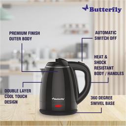 Butterfly Stainless Steel Magnum Cool Touch Electric Kettle 1.2 Litre | 1350 W | Double Layer Cool Touch Body | Auto Shut Off | For Hot Water, Tea, Coffee, Noodles, Soup | Dry Boil Protection | Black