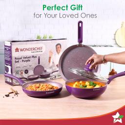 Wonderchef Tivoli Induction Bottom Non-Stick Coated Cookware Set (Aluminium, 4 - Piece), Purple