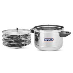 N-DURAA Stainless Steel Idli Cooker with Whistle Indicator | Idly Cooker Pot | Steel Idli Maker with Silver Lid - 4 Plates