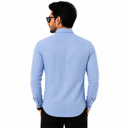 Men Ash Blue Cotton Slim Fit Stripe Casual Shirt