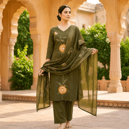 Women Ethnic Motifs Printed Panelled Thread Work Kurta with Trousers & With Dupatta