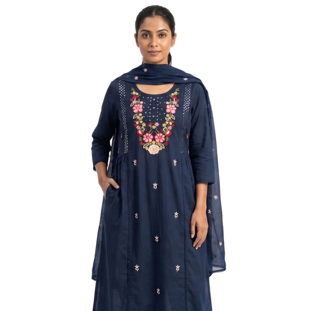 Women's Floral Embroidered Cotton Kurta Set with Trousers & Dupatta (3-Piece Set)